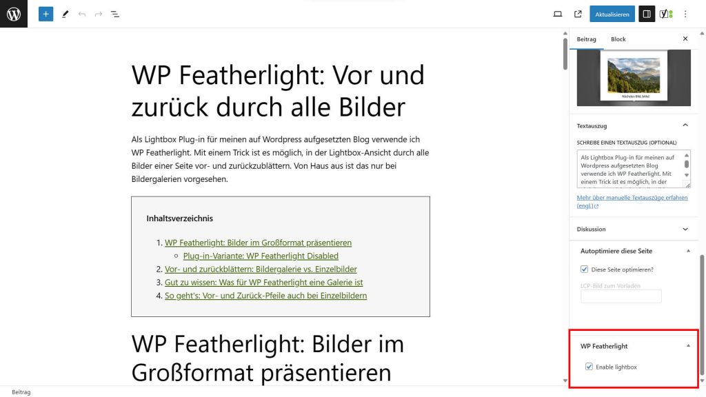 Screenshot WordPress-Editor: WP Featherlight Lightbox-Funktion aktivieren oder deaktivieren