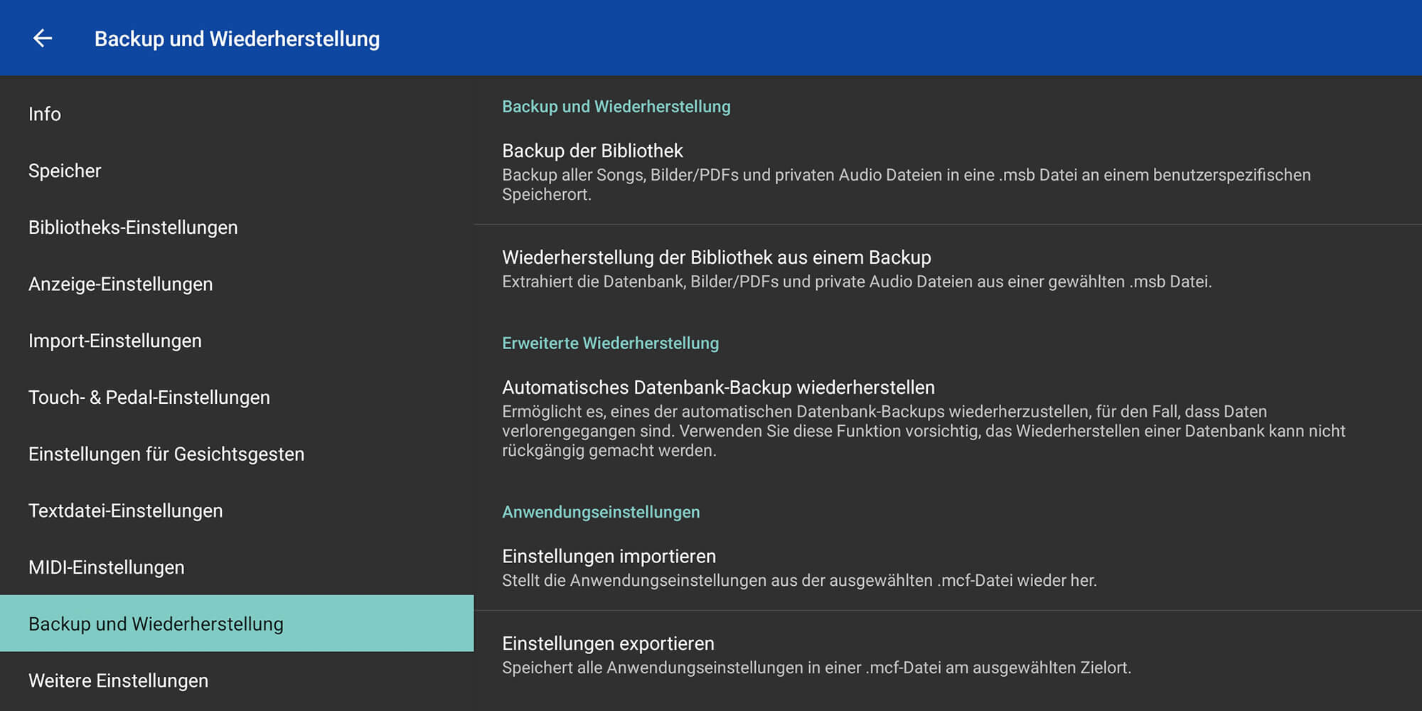 Mobilesheets – Backup und Wiederherstellung