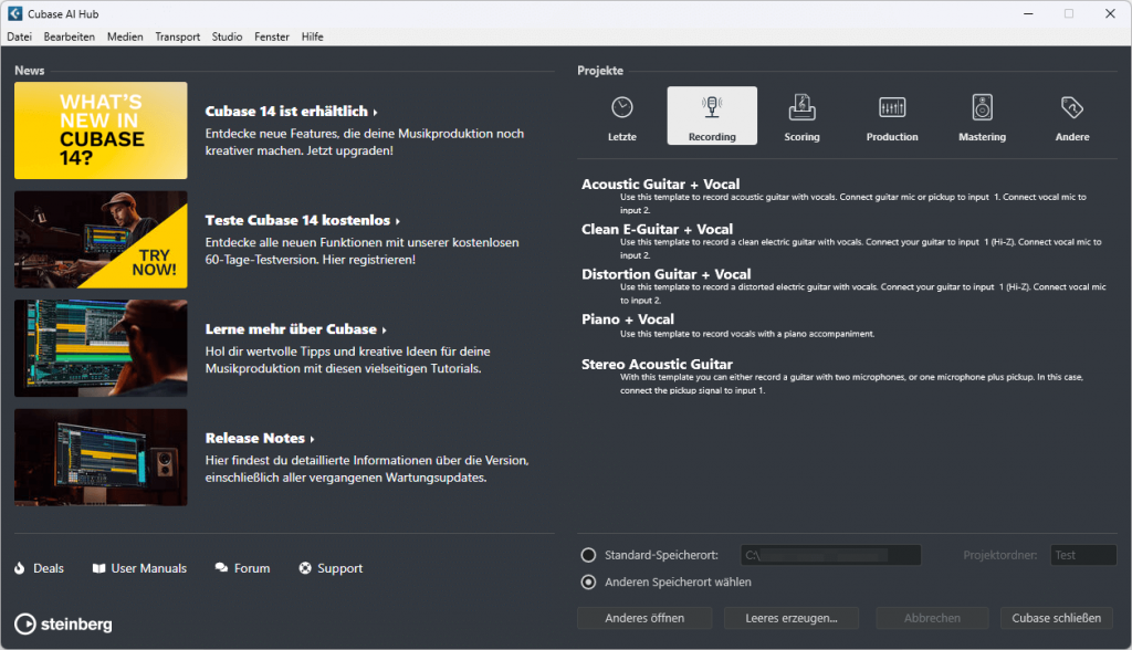 Startbildschirm Cubase AI Hub: Leeres Projekt erzeugen