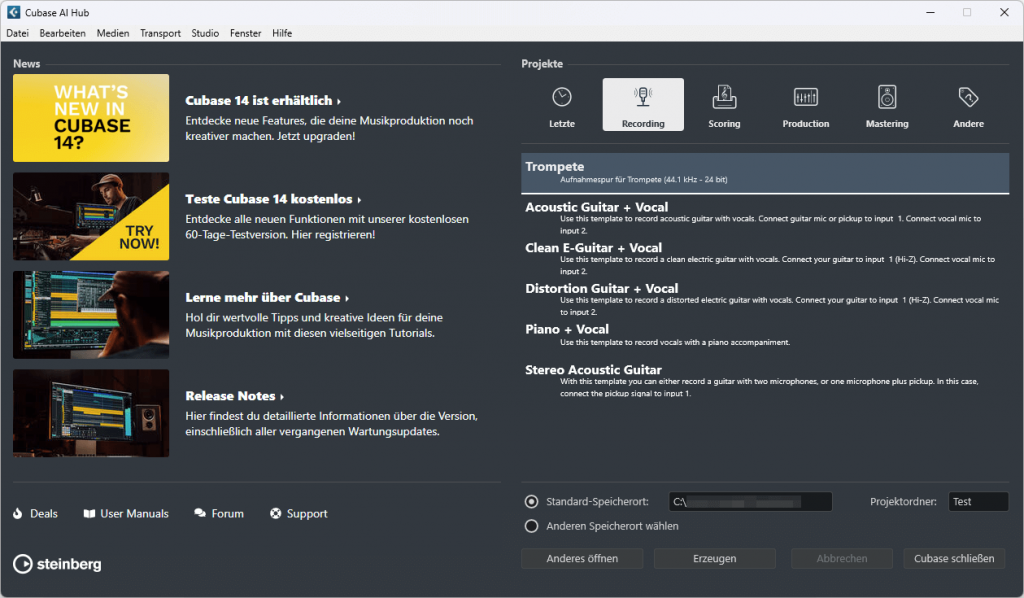 Cubase AI Hub: Projektvorlage öffnen
