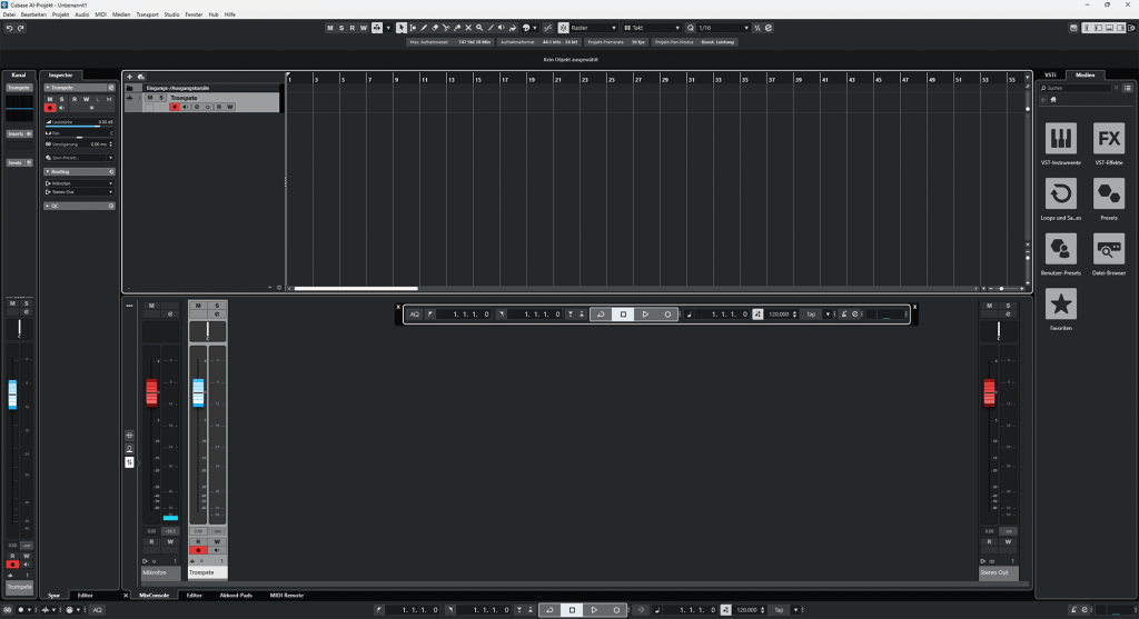Cubase Projektfenster: Projekt mit hinzugefügter Audiospur