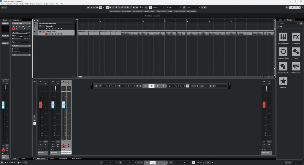 Cubase Projektfenster: Backing Track hinzugefügt