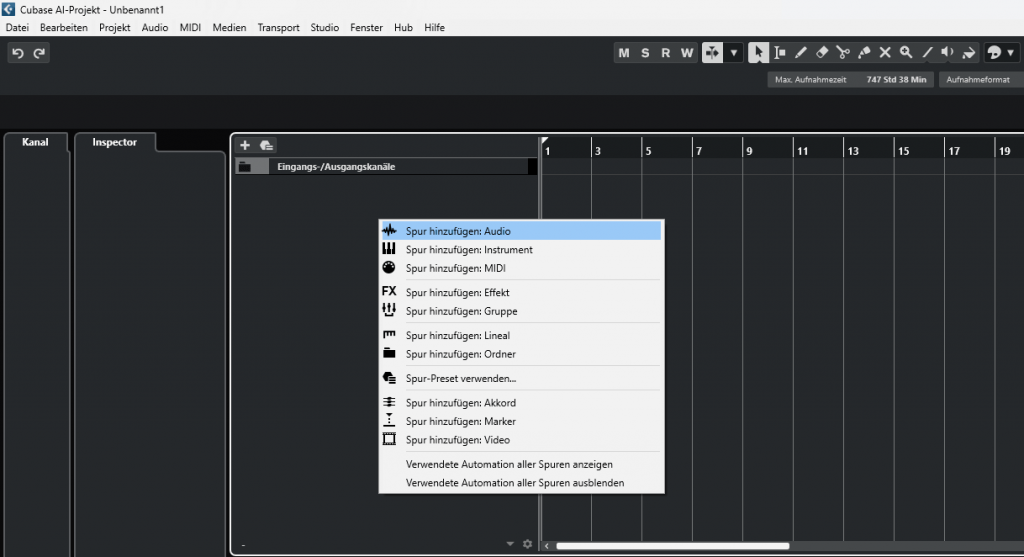 Cubase Projektfenster: Audiospur über Kontextmenü hinzufügen