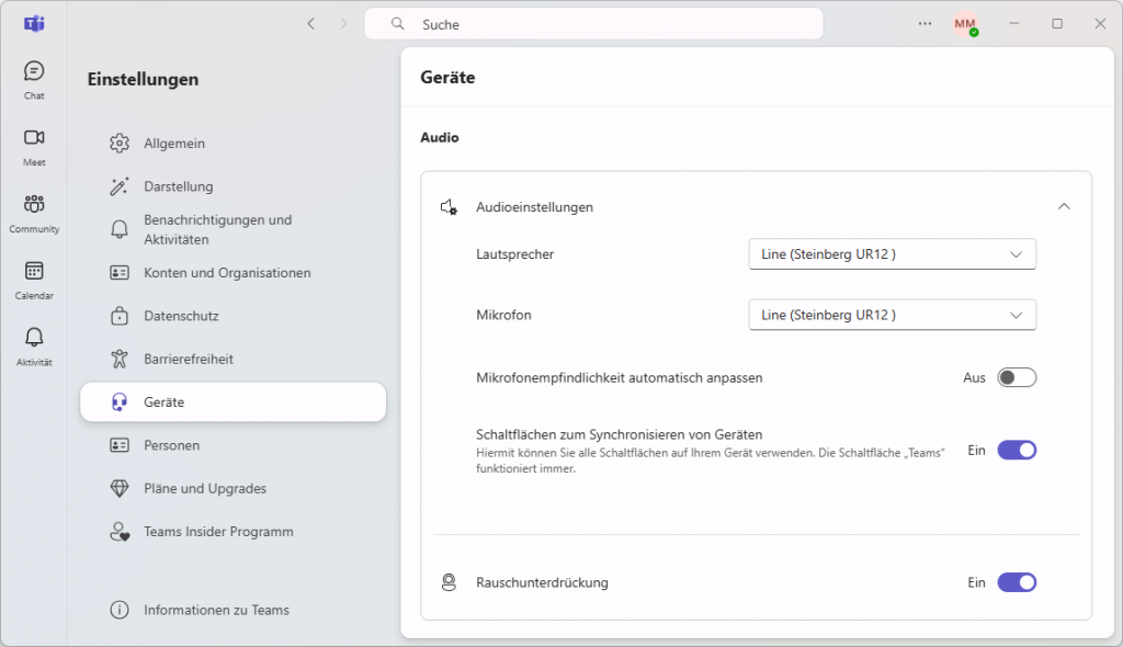 Geräteeinstellungen in Microsoft Teams: Steinberg UR12 Audio-Interface als Lautsprecher und als Mikrofon festlegen