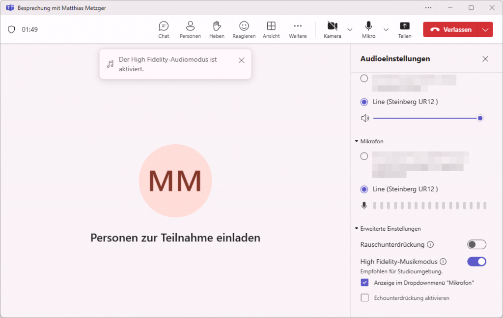 Microsoft Teams – Audioeinstellungen für Musiker: High Fidelity-Modus im Meeting-Fenster aktivieren