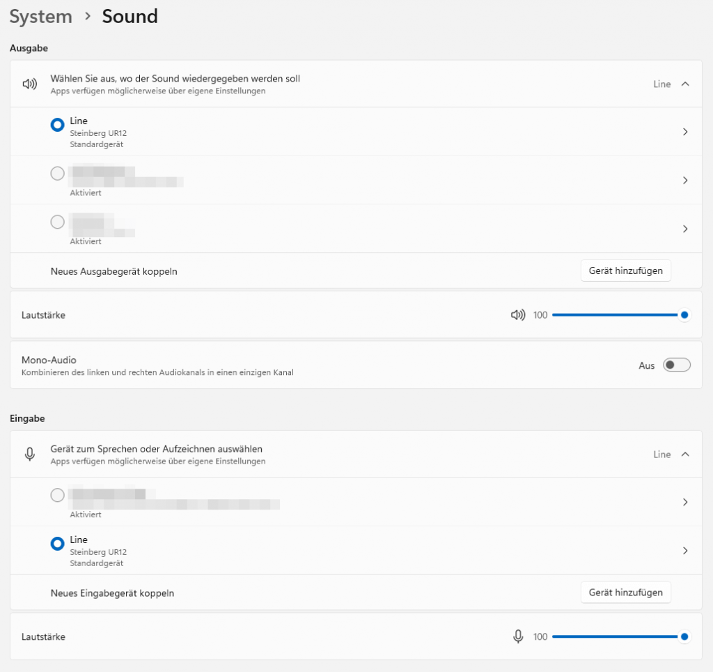 Windows Soundeinstellungen: Steinberg UR12 Audio-Interface als Eingabe- und Ausgabegerät festlegen