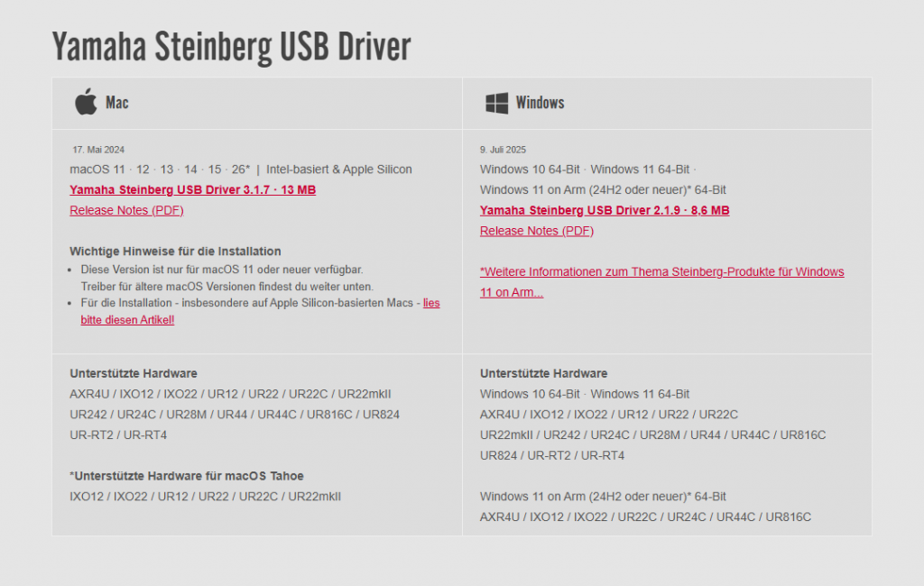 Steinberg Website: Yamaha Steinberg USB Driver herunterladen